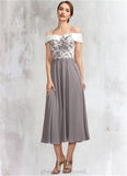 Kenna A-Line Off-the-Shoulder Tea-Length Chiffon Lace Mother of the Bride Dress STI126P0014680