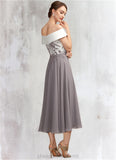 Kenna A-Line Off-the-Shoulder Tea-Length Chiffon Lace Mother of the Bride Dress STI126P0014680