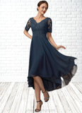 Leia A-line V-Neck Asymmetrical Chiffon Lace Mother of the Bride Dress With Sequins STI126P0014686