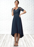 Leia A-line V-Neck Asymmetrical Chiffon Lace Mother of the Bride Dress With Sequins STI126P0014686