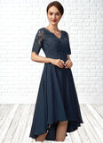 Leia A-line V-Neck Asymmetrical Chiffon Lace Mother of the Bride Dress With Sequins STI126P0014686