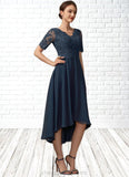 Leia A-line V-Neck Asymmetrical Chiffon Lace Mother of the Bride Dress With Sequins STI126P0014686