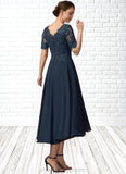 Leia A-line V-Neck Asymmetrical Chiffon Lace Mother of the Bride Dress With Sequins STI126P0014686