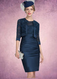 Eva Sheath/Column Scoop Neck Knee-Length Satin Lace Mother of the Bride Dress With Ruffle STI126P0014693