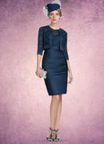 Eva Sheath/Column Scoop Neck Knee-Length Satin Lace Mother of the Bride Dress With Ruffle STI126P0014693