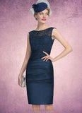 Eva Sheath/Column Scoop Neck Knee-Length Satin Lace Mother of the Bride Dress With Ruffle STI126P0014693