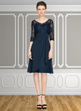 Priscilla A-Line V-neck Knee-Length Chiffon Lace Mother of the Bride Dress With Cascading Ruffles STI126P0014695