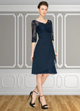 Priscilla A-Line V-neck Knee-Length Chiffon Lace Mother of the Bride Dress With Cascading Ruffles STI126P0014695