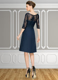 Priscilla A-Line V-neck Knee-Length Chiffon Lace Mother of the Bride Dress With Cascading Ruffles STI126P0014695