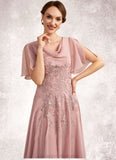 Sylvia A-Line Cowl Neck Ankle-Length Chiffon Lace Mother of the Bride Dress STI126P0014696