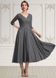 Madalynn A-line V-Neck Tea-Length Chiffon Lace Mother of the Bride Dress With Beading Sequins STI126P0014702