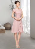 Rosemary A-Line Scoop Neck Knee-Length Chiffon Lace Mother of the Bride Dress With Beading Flower(s) Sequins Cascading Ruffles STI126P0014704