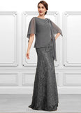 Addison Trumpet/Mermaid Scoop Neck Floor-Length Chiffon Lace Mother of the Bride Dress With Ruffle STI126P0014708