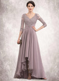 Adrianna A-Line V-neck Asymmetrical Chiffon Lace Mother of the Bride Dress With Sequins STI126P0014728