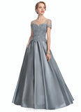 Jess A-Line V-neck Floor-Length Satin Lace Mother of the Bride Dress With Beading Sequins STI126P0014730