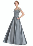 Jess A-Line V-neck Floor-Length Satin Lace Mother of the Bride Dress With Beading Sequins STI126P0014730