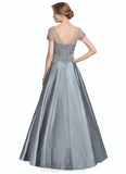 Jess A-Line V-neck Floor-Length Satin Lace Mother of the Bride Dress With Beading Sequins STI126P0014730