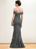 Cherish Trumpet/Mermaid Off-the-Shoulder Floor-Length Tulle Lace Mother of the Bride Dress With Sequins STI126P0014731