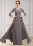 Eden A-Line V-neck Floor-Length Chiffon Lace Mother of the Bride Dress With Ruffle STI126P0014735