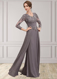 Eden A-Line V-neck Floor-Length Chiffon Lace Mother of the Bride Dress With Ruffle STI126P0014735