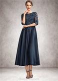 Katrina A-Line Scoop Neck Tea-Length Satin Lace Mother of the Bride Dress With Sequins STI126P0014736