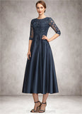 Katrina A-Line Scoop Neck Tea-Length Satin Lace Mother of the Bride Dress With Sequins STI126P0014736