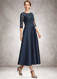 Katrina A-Line Scoop Neck Tea-Length Satin Lace Mother of the Bride Dress With Sequins STI126P0014736