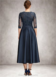 Katrina A-Line Scoop Neck Tea-Length Satin Lace Mother of the Bride Dress With Sequins STI126P0014736