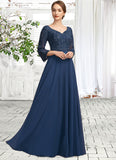 Luna A-Line V-neck Floor-Length Chiffon Lace Mother of the Bride Dress With Beading Sequins STI126P0014739