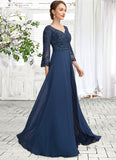 Luna A-Line V-neck Floor-Length Chiffon Lace Mother of the Bride Dress With Beading Sequins STI126P0014739