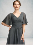 Genesis A-Line V-neck Asymmetrical Chiffon Mother of the Bride Dress With Ruffle Beading STI126P0014744