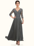 Rebekah A-Line V-neck Ankle-Length Chiffon Lace Mother of the Bride Dress With Sequins Pleated STI126P0014745