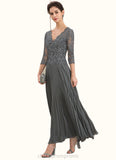 Rebekah A-Line V-neck Ankle-Length Chiffon Lace Mother of the Bride Dress With Sequins Pleated STI126P0014745