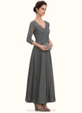 Rebekah A-Line V-neck Ankle-Length Chiffon Lace Mother of the Bride Dress With Sequins Pleated STI126P0014745