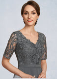 Brooklyn A-Line V-neck Asymmetrical Chiffon Lace Mother of the Bride Dress STI126P0014772