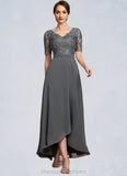 Brooklyn A-Line V-neck Asymmetrical Chiffon Lace Mother of the Bride Dress STI126P0014772