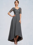 Brooklyn A-Line V-neck Asymmetrical Chiffon Lace Mother of the Bride Dress STI126P0014772