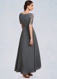 Brooklyn A-Line V-neck Asymmetrical Chiffon Lace Mother of the Bride Dress STI126P0014772