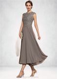 Sophronia A-Line Scoop Neck Tea-Length Chiffon Lace Mother of the Bride Dress With Beading STI126P0014774