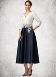 Cindy A-Line V-neck Tea-Length Satin Mother of the Bride Dress With Ruffle Appliques Lace Pockets STI126P0014778