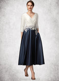 Cindy A-Line V-neck Tea-Length Satin Mother of the Bride Dress With Ruffle Appliques Lace Pockets STI126P0014778