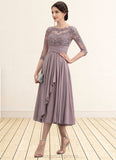 Leyla A-Line Scoop Neck Tea-Length Chiffon Lace Mother of the Bride Dress With Cascading Ruffles STI126P0014780