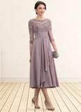 Leyla A-Line Scoop Neck Tea-Length Chiffon Lace Mother of the Bride Dress With Cascading Ruffles STI126P0014780