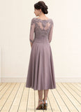 Leyla A-Line Scoop Neck Tea-Length Chiffon Lace Mother of the Bride Dress With Cascading Ruffles STI126P0014780