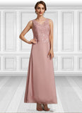 Genesis A-Line V-neck Ankle-Length Chiffon Lace Mother of the Bride Dress With Beading Sequins STI126P0014784