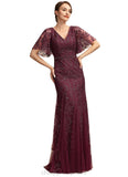 Paulina Trumpet/Mermaid V-neck Floor-Length Tulle Lace Mother of the Bride Dress With Beading Sequins STI126P0014786