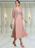 Alexa A-Line Square Neckline Tea-Length Chiffon Lace Mother of the Bride Dress With Beading Sequins STI126P0014789