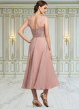 Alexa A-Line Square Neckline Tea-Length Chiffon Lace Mother of the Bride Dress With Beading Sequins STI126P0014789