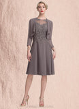 Bethany A-Line Scoop Neck Knee-Length Chiffon Lace Mother of the Bride Dress STI126P0014790