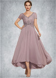 Kaila A-Line V-neck Asymmetrical Chiffon Lace Mother of the Bride Dress With Beading STI126P0014799